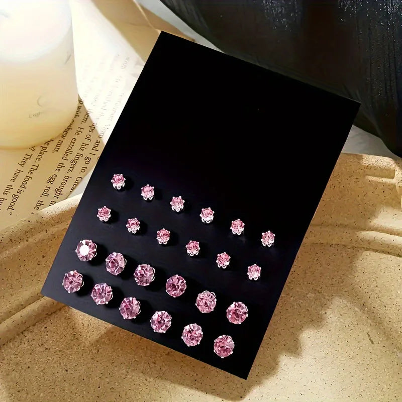 ✨ 12 Pairs Zirconia Stud Earrings – Luxurious, Simple & Shiny Gift Set 🔷 طقم 12 زوج من أقراط الزركونيا اللامعة – تصميم أنيق وبسيط هدية مثالية للأزواج والمناسبات