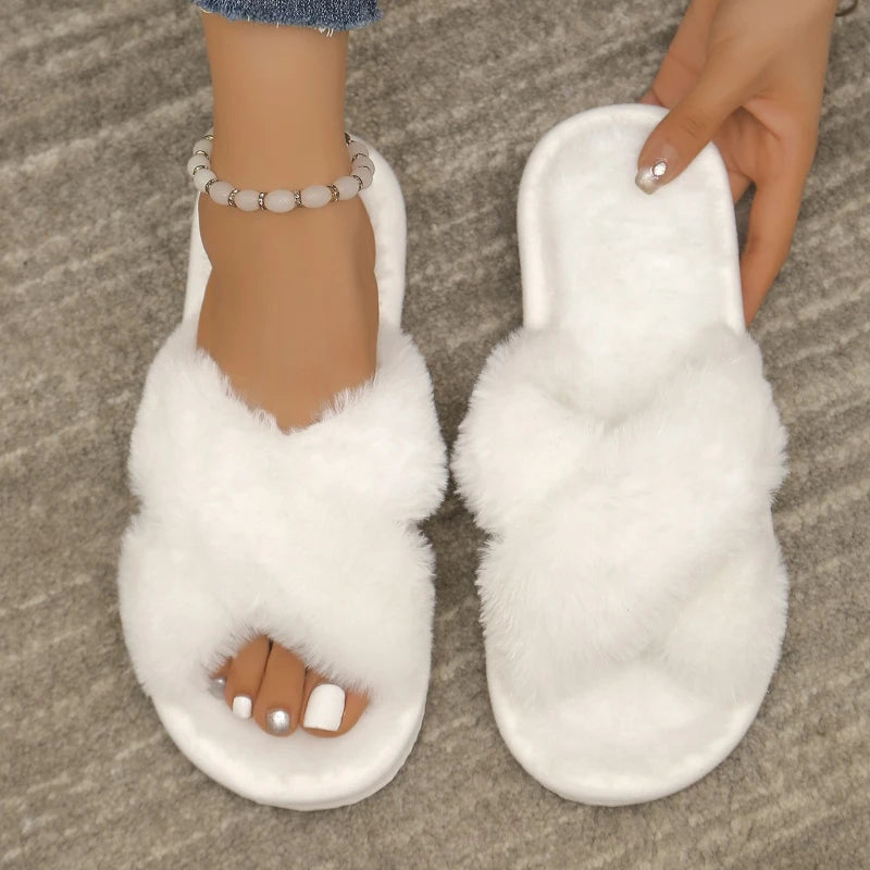 Women’s Cross-Strap Fuzzy Slippers – Open-Toe Fluffy Home Shoes for Warm & Cozy Comfort | شباشب نسائية ناعمة برباط متقاطع ومقدمة مفتوحة – شتوية دافئة للاستخدام المنزلي