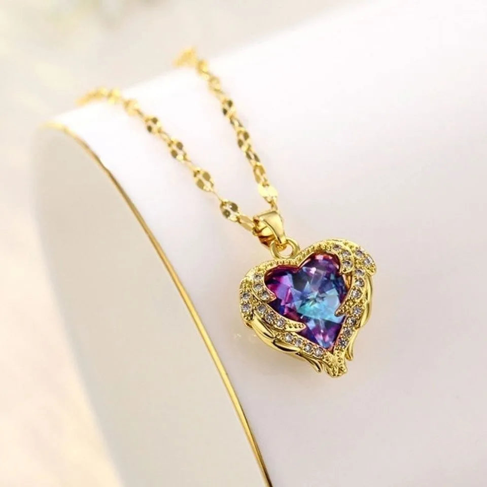 ✨ Ocean Heart Crystal Pendant Necklace – Luxury Colorful Stainless Steel Jewelry 🔷 قلادة قلب المحيط الكريستالية الفاخرة – تصميم ملون من الستانلس ستيل للنساء