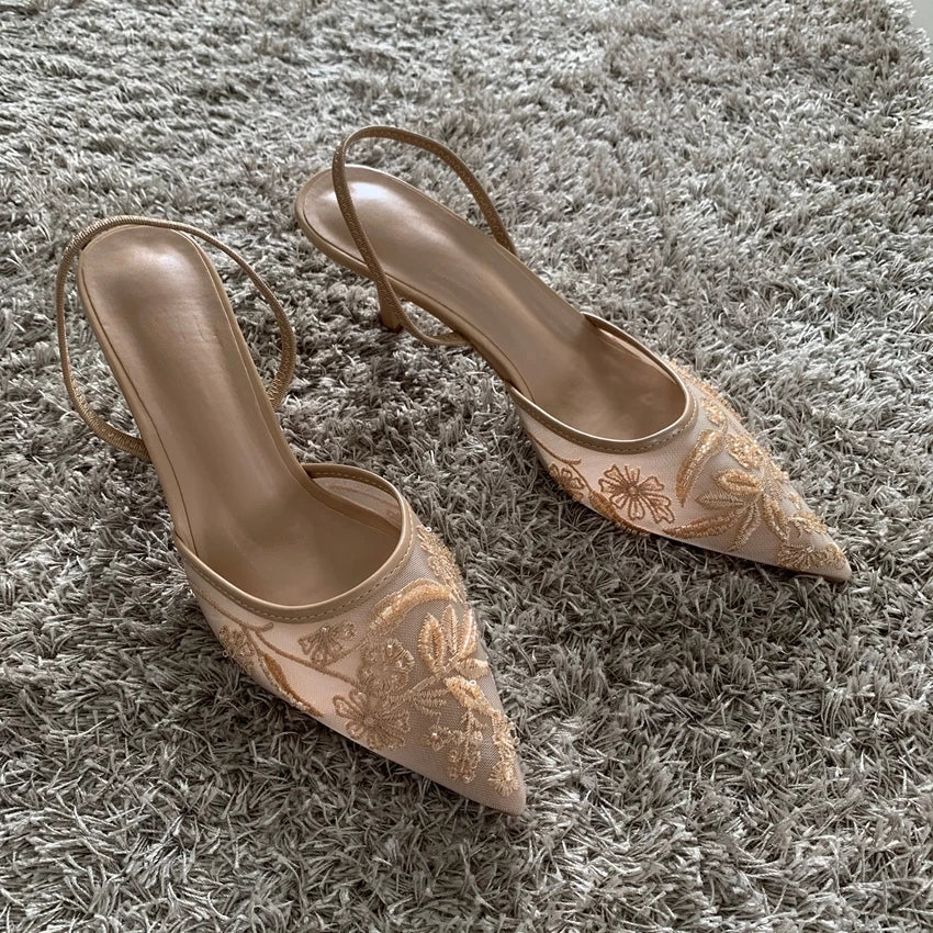 Women’s Embroidered Mesh Beaded High Heel Mules – Elegant Pointed Toe Slingback Fashion Sandals | صندل نسائي بكعب عالي مطرّز من الشيفون – أنيق مع خرز وخيط وتصميم مفتوح من الخلف بطرف مدبب