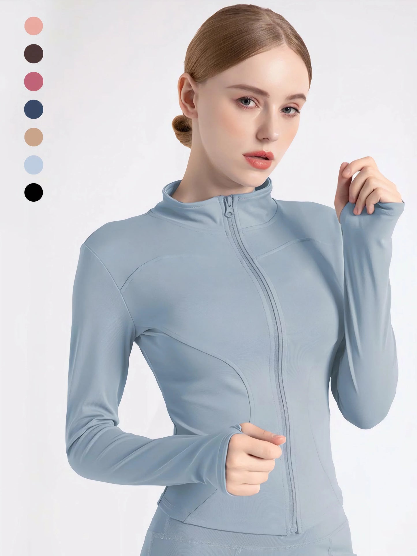 🔥 Women’s Slimming Workout Jacket 💪 – Full-Zip Long Sleeve Yoga & Fitness Top with Stand Collar | جاكيت رياضي نسائي مشد للخصر – سحاب كامل وأكمام طويلة لليوغا والجري