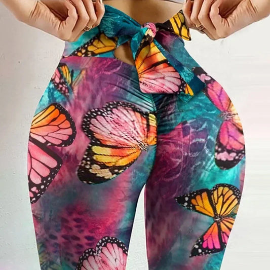 🔥 High-Waist Butterfly Print Yoga Leggings 🧘‍♀️ – Bowknot Bandage Tights for Women, Butt-Lifting Fitness Pants | ليقنز نسائي عالي الخصر بطبعة فراشة – شريط فيونكة، مشد رفع المؤخرة لليوغا والتمارين