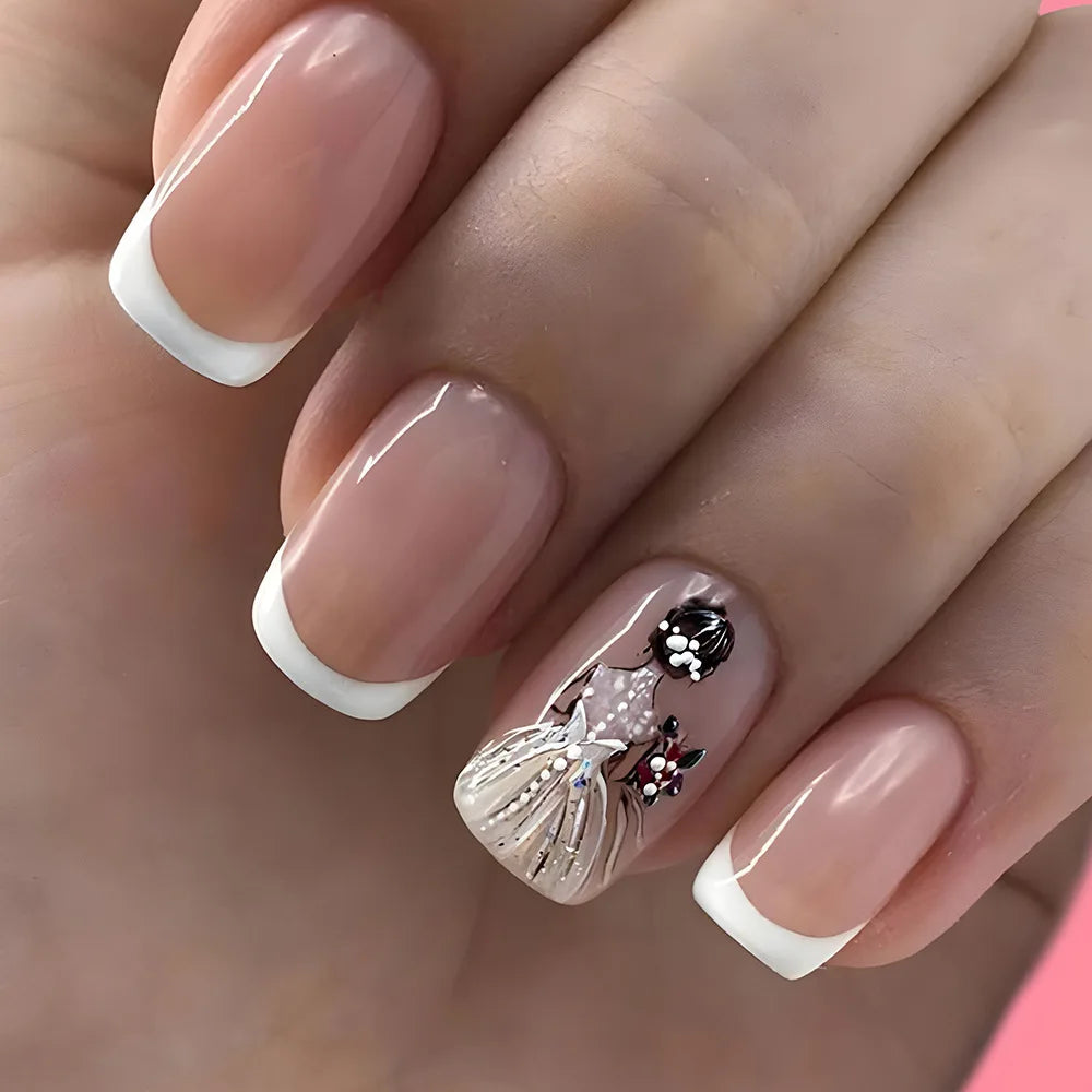 ✨ 24pcs Short Square Press-On Nails – White French Tips with Heart Design 🔷 طقم 24 ظفر صناعي قصير مربع – تصميم قلب أبيض وأطراف فرنسية للعروس