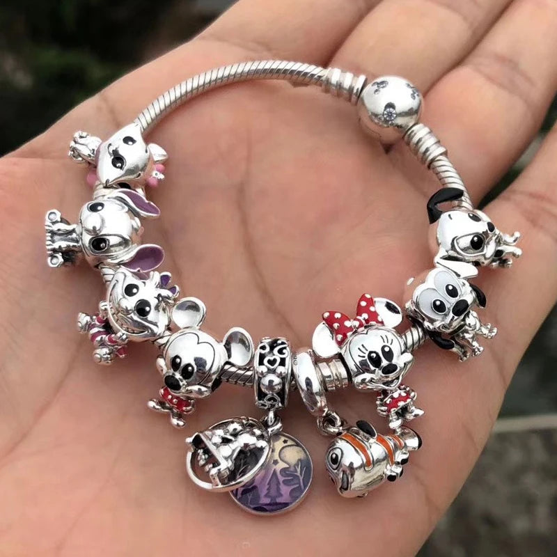 925 Sterling Silver Disney Bead Charm – Mickey, Minnie & Stitch DIY Bracelet Accessory | خرزة فضية أصلية 925 بتصميم ديزني – ميكي، ميني، وستيتش لسوار DIY نسائي أنيق