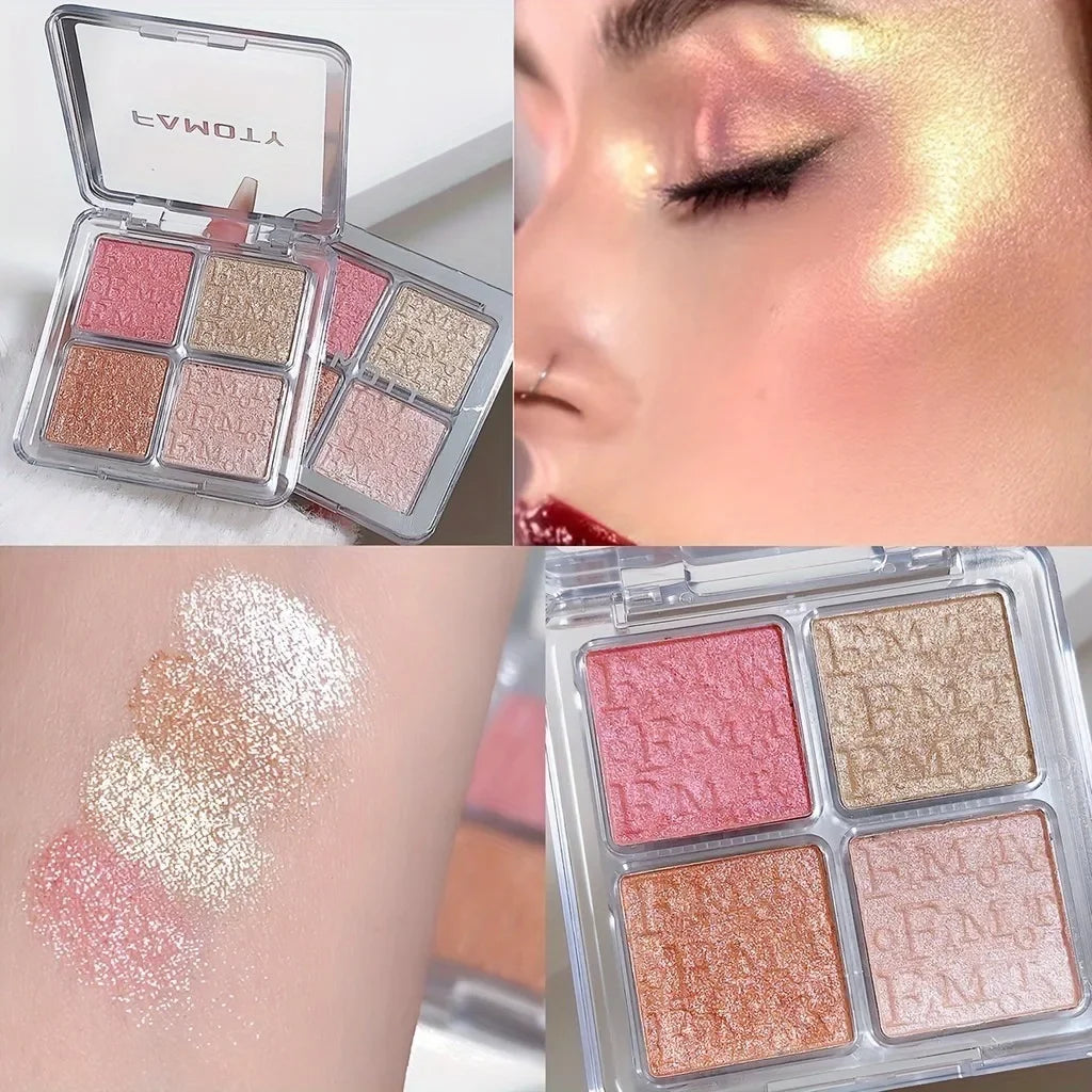 ✨ 4-Color Highlighter Palette – Waterproof Glow & Shimmer Baked Powder 🔷 لوحة إضاءة بأربع ألوان – بودرة مضيئة مقاومة للماء تمنح إشراقة طبيعية وبريق لامع