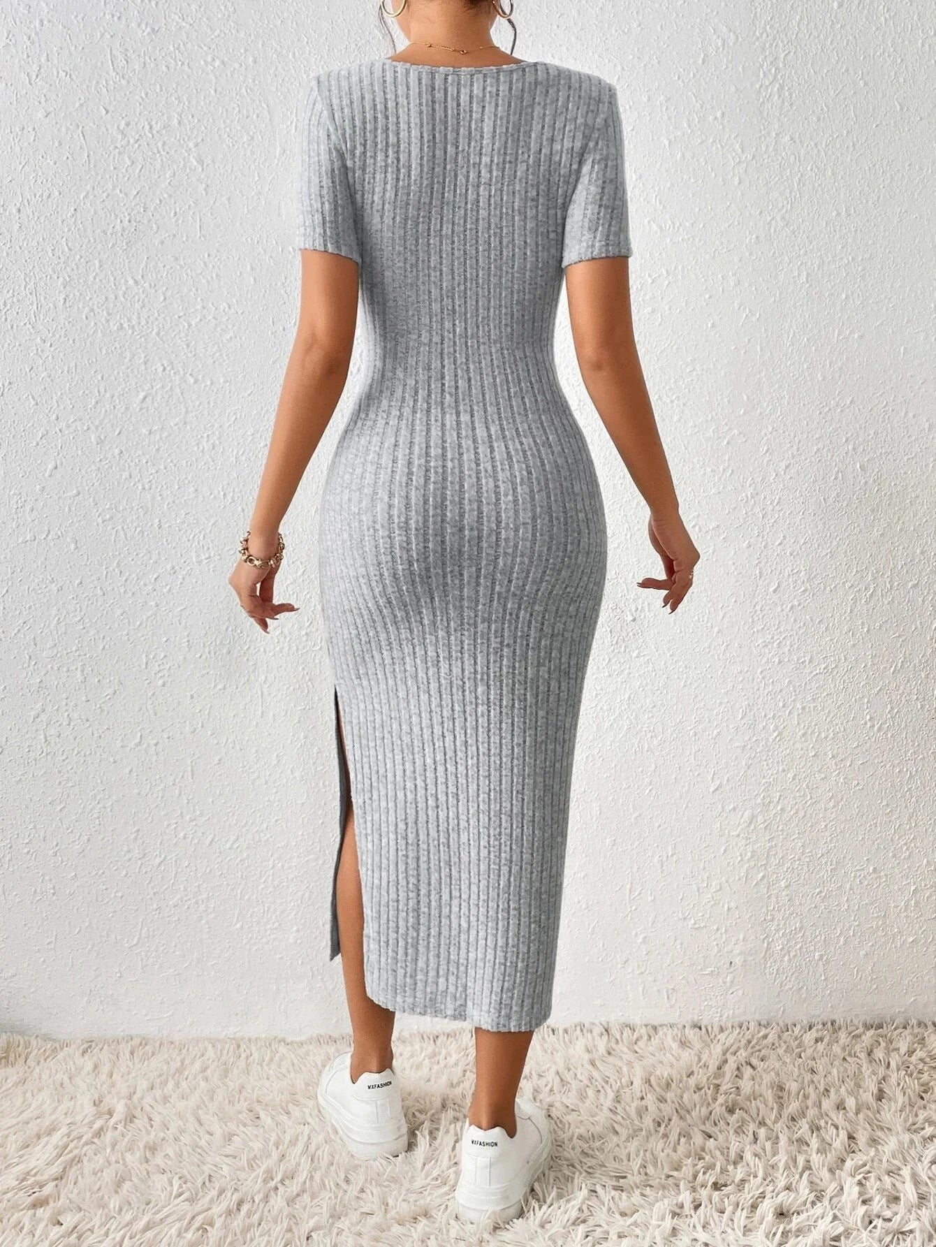 🌼 Women’s Knitted Square Neck Dress 👗 – Casual Spring/Summer Short Sleeve Slit Vestido | فستان محاك نسائي بقبة مربعة – بأكمام قصيرة وشق جانبي لإطلالة كاجوال ربيعية وصيفية