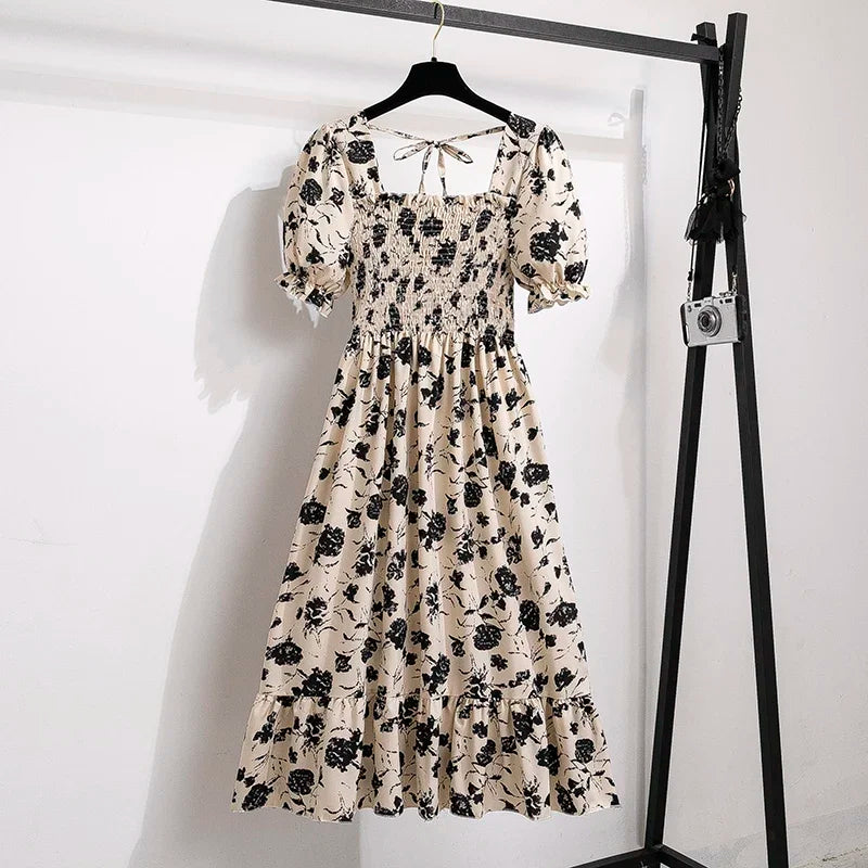🌸 Spring/Summer Pleated Chiffon Dress for Women 👗 – Elastic Waist Casual Short Sleeve A-Line Dress | فستان شيفون نسائي مزموم – خصر مرن، أكمام قصيرة، وقصة A كلاسيكية لصيف وربيع مريح وأنيق