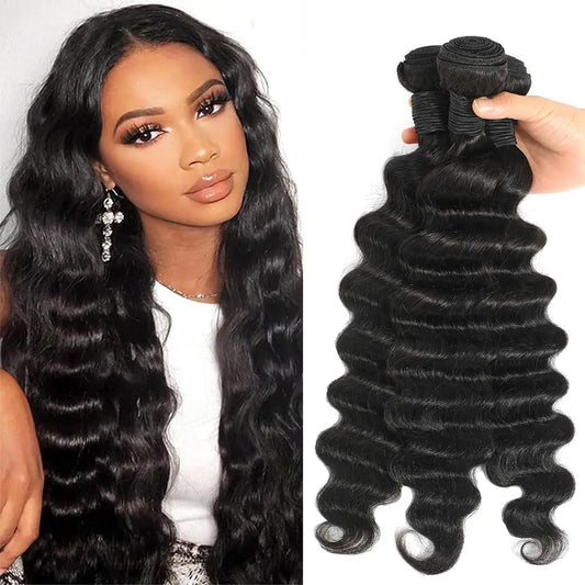 Loose Deep Wave Human Hair Bundles – 3 Unprocessed Natural Black Bundles (22", 24", 26") | خصلات شعر طبيعي مموج Loose Deep – 3 حزم من الشعر غير المعالج بطول 22، 24، 26 بوصة، باللون الأسود الطبيعي