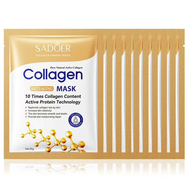 10-Piece Collagen Face Sheet Mask Set – Anti-Wrinkle, Moisturizing & Brightening Skincare | طقم 10 أقنعة ورقية بالكولاجين – لمكافحة التجاعيد، الترطيب، وتفتيح البشرة