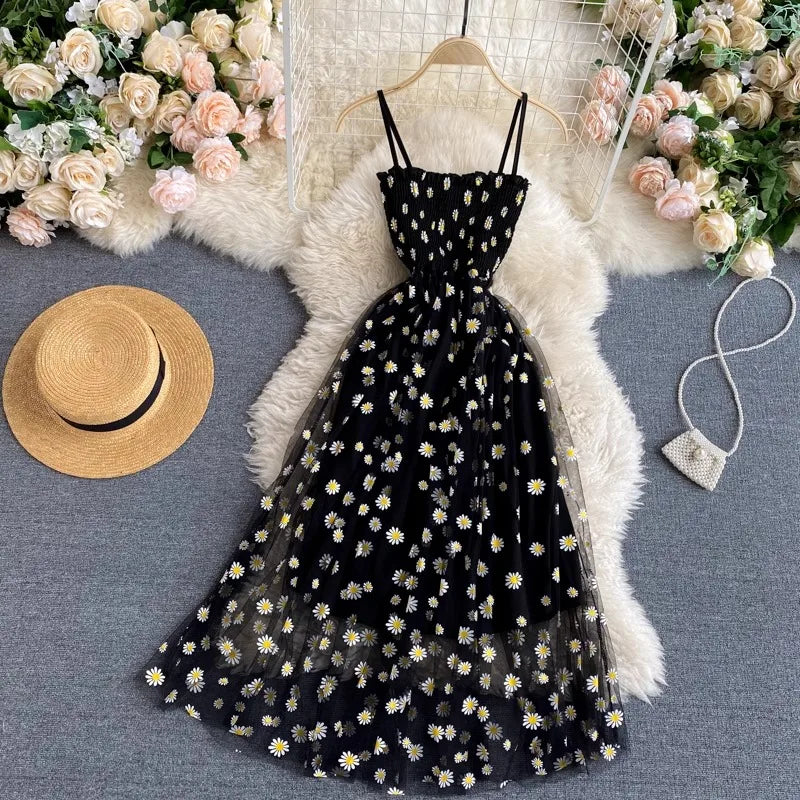 🌺 2025 Korean Floral Mesh Dress for Women 👗 – Spaghetti Strap Vacation & Party Beach Dress | فستان نسائي شبكي بطبعة زهور – ستايل كوري صيفي 2025 بحمّالات رفيعة للمناسبات والشاطئ