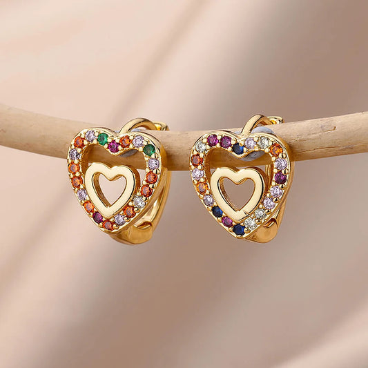 ✨ Hollow Zircon Heart Earrings – Gold Stainless Steel Wedding Jewelry 🔷 أقراط قلب مجوفة مرصعة بالزركون – ستانلس ستيل ذهبي فاخر للنساء والمناسبات