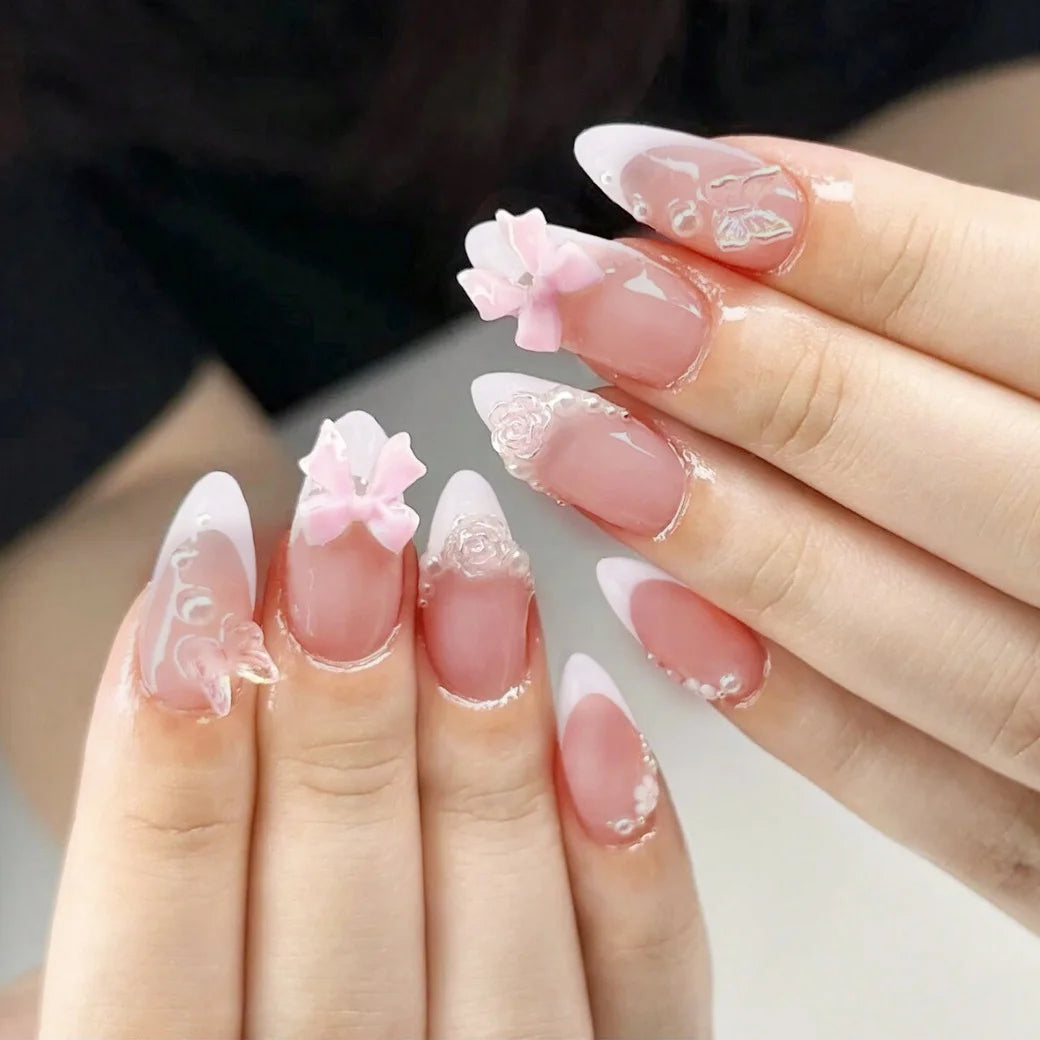 24pcs Sweet Detachable False Nails with Bowknots & Pearls – أظافر صناعية فاخرة قابلة للفك مزينة بفيونكات ولؤلؤ