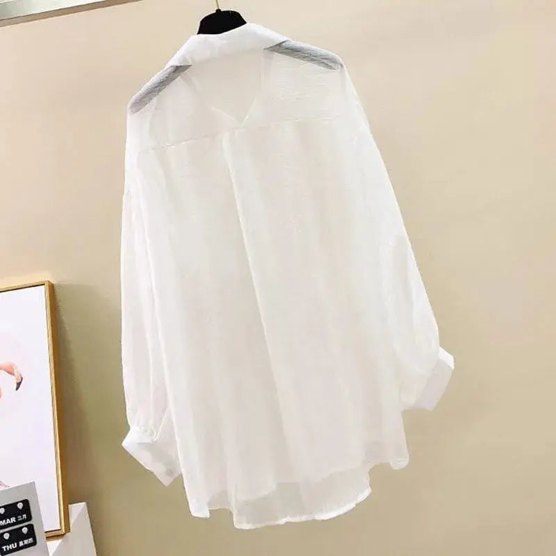 ☀️ Summer Sheer Chiffon Sunscreen Blouse 👒 – Elegant Loose See-Through Korean Cardigan for Women | بلوزة صيفية شيفون خفيفة وشفافة – كارديغان واسع أنيق لحماية الشمس بإطلالة كورية
