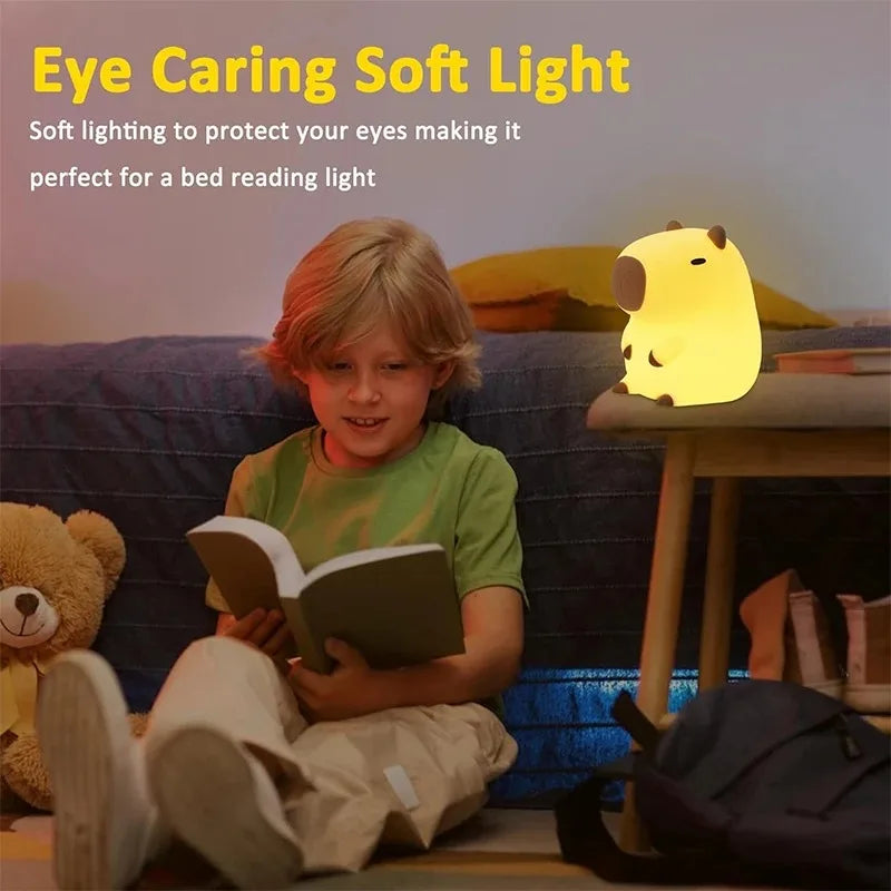 ✨ Cute Capybara Night Light 🐾 – Soft Silicone Cartoon Lamp for Kids | 🌙 مصباح كابيبارا ليلي لطيف – لمبة كرتونية من السيليكون للأطفال