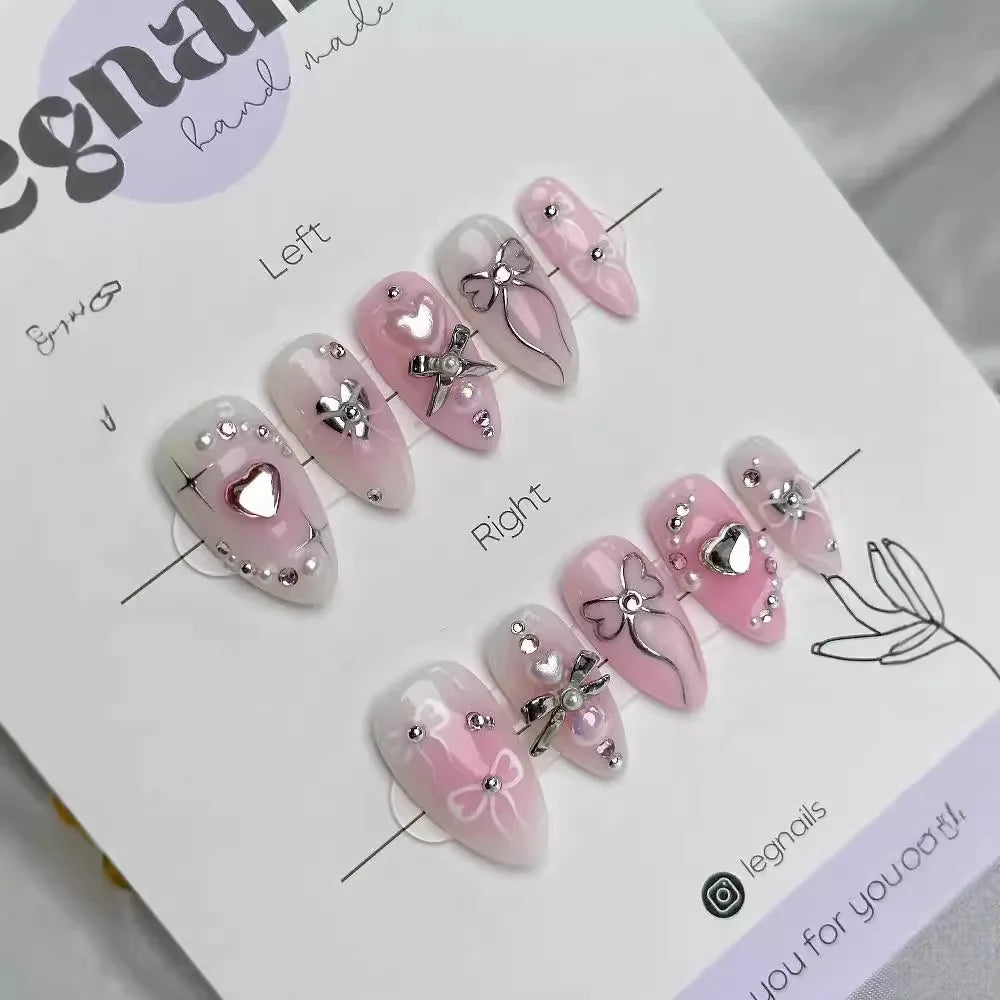 24pcs Sweet Detachable False Nails with Bowknots & Pearls – أظافر صناعية فاخرة قابلة للفك مزينة بفيونكات ولؤلؤ