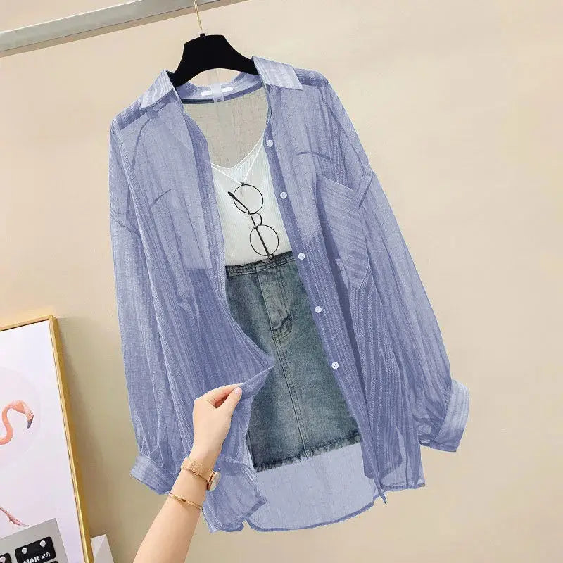 ☀️ Summer Sheer Chiffon Sunscreen Blouse 👒 – Elegant Loose See-Through Korean Cardigan for Women | بلوزة صيفية شيفون خفيفة وشفافة – كارديغان واسع أنيق لحماية الشمس بإطلالة كورية