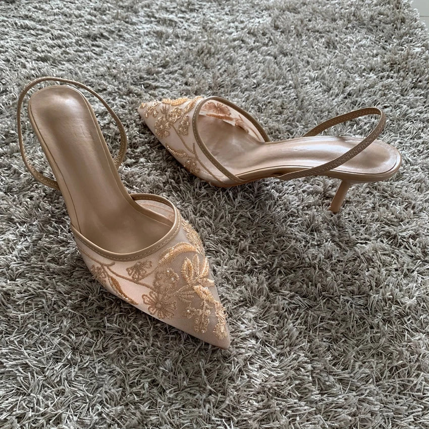 Women’s Embroidered Mesh Beaded High Heel Mules – Elegant Pointed Toe Slingback Fashion Sandals | صندل نسائي بكعب عالي مطرّز من الشيفون – أنيق مع خرز وخيط وتصميم مفتوح من الخلف بطرف مدبب