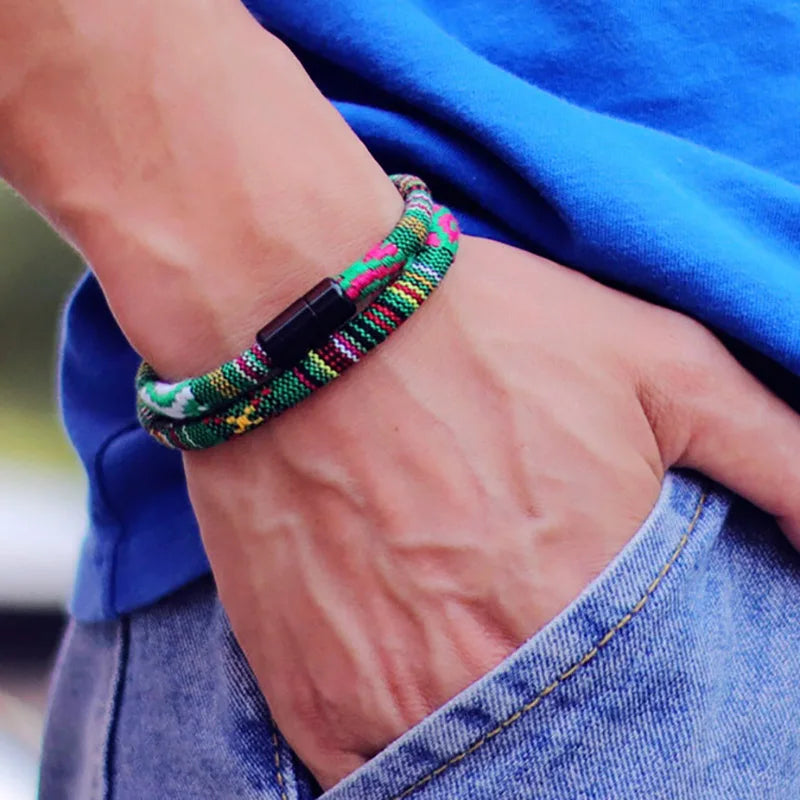 ✨ Men's Bohemia Magnetic Rope Bracelet – Adventure Surf & Beach Style 🔷 سوار رجالي بوهو بحبل مغناطيسي – ستايل المغامرة والشاطئ والسيرف