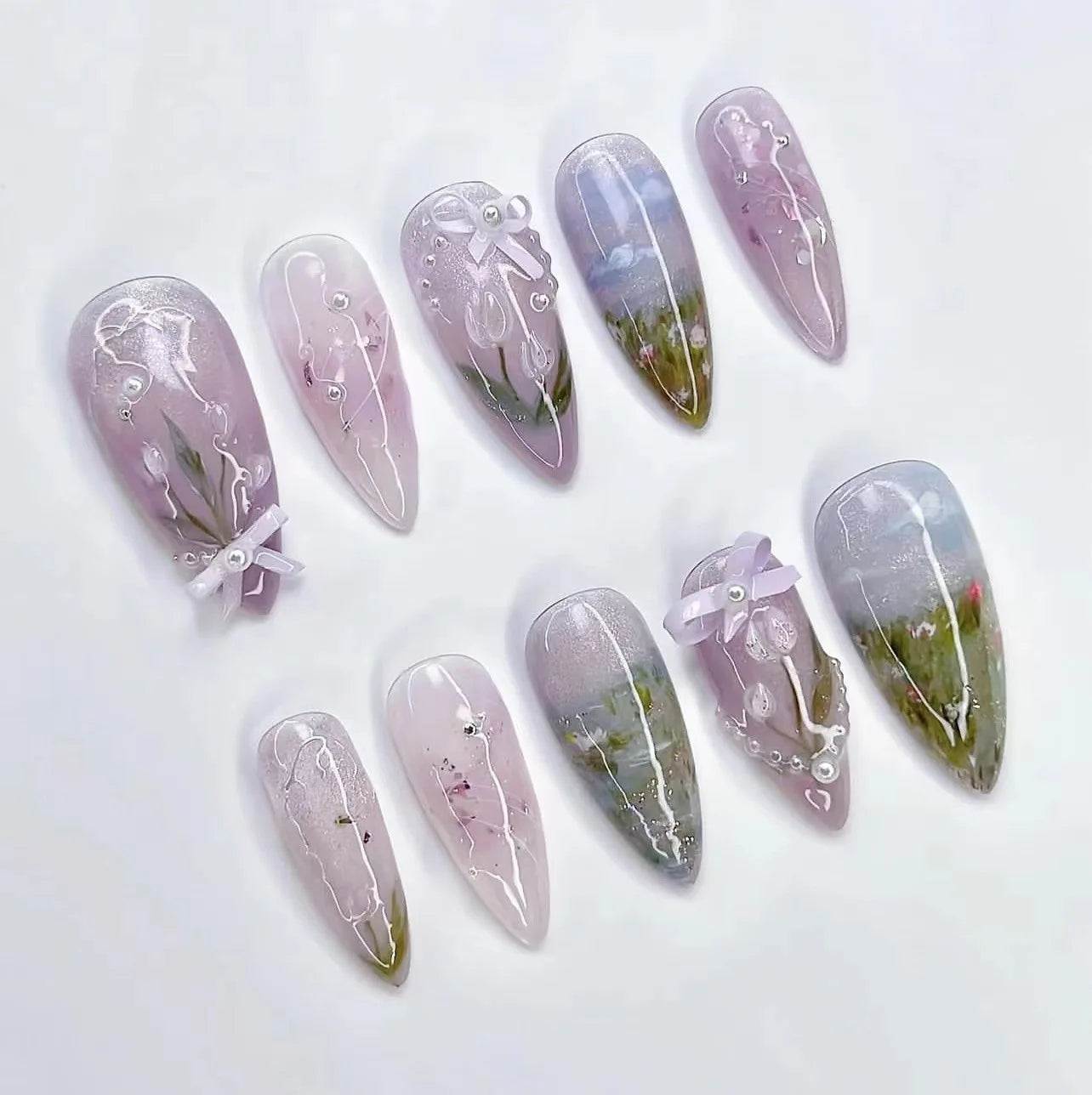 24pcs Sweet Detachable False Nails with Bowknots & Pearls – أظافر صناعية فاخرة قابلة للفك مزينة بفيونكات ولؤلؤ