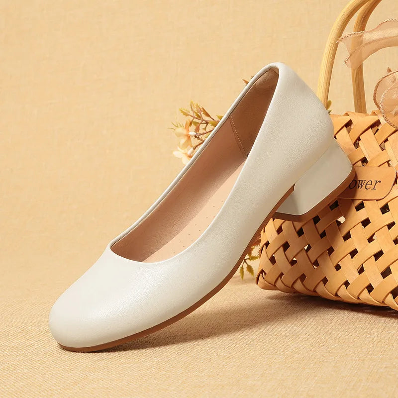 Women’s Soft Leather Square Heel Shoes – 3cm Comfortable Office Loafers for Spring & Fall 2025 | حذاء نسائي من الجلد الطري بكعب مربع 3 سم – أنيق ومريح للمكتب ومناسب للربيع والخريف