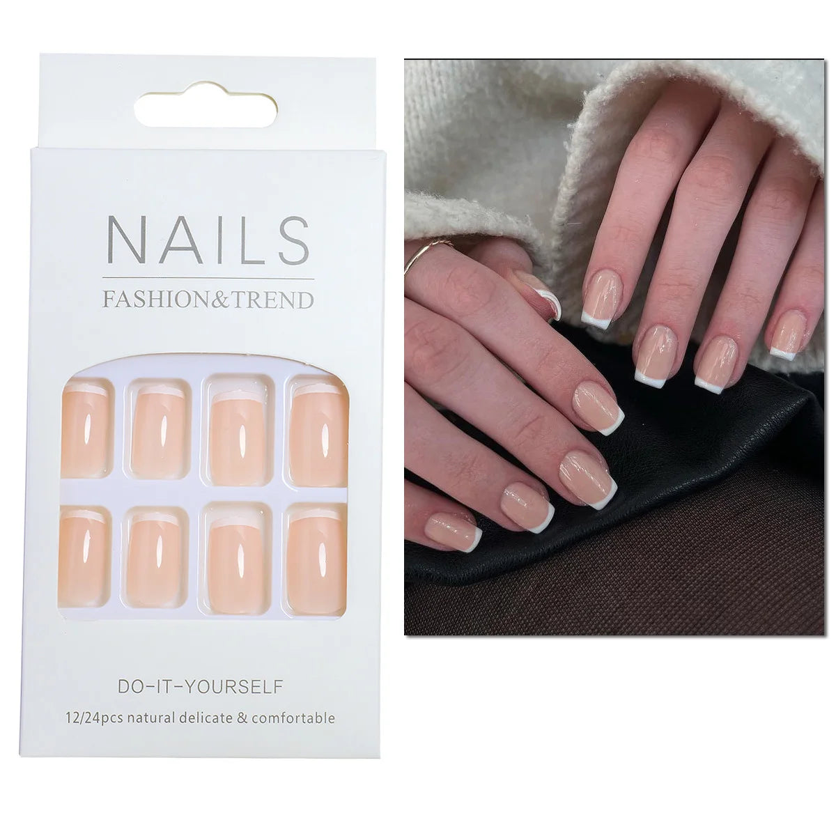 ✨ 24pcs Short Square Press-On Nails – White French Tips with Heart Design 🔷 طقم 24 ظفر صناعي قصير مربع – تصميم قلب أبيض وأطراف فرنسية للعروس