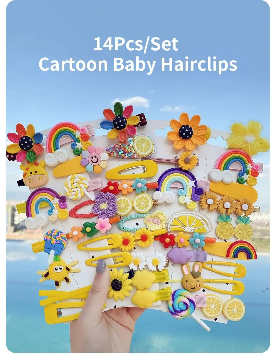 14Pcs Cartoon Baby Girl Hair Clip Set | طقم مشابك شعر كرتونية للبنات – 14 قطعة