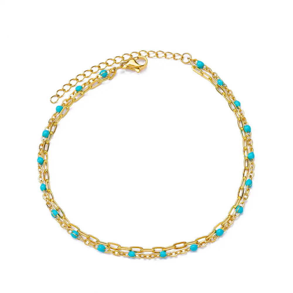 ✨ Double Layer Blue Beads Anklet – Gold Stainless Steel Foot Chain for Women 🔷 خلخال طبقتين مزين بحبيبات زرقاء – سلسلة كاحل من ستانلس ستيل ذهبي للنساء