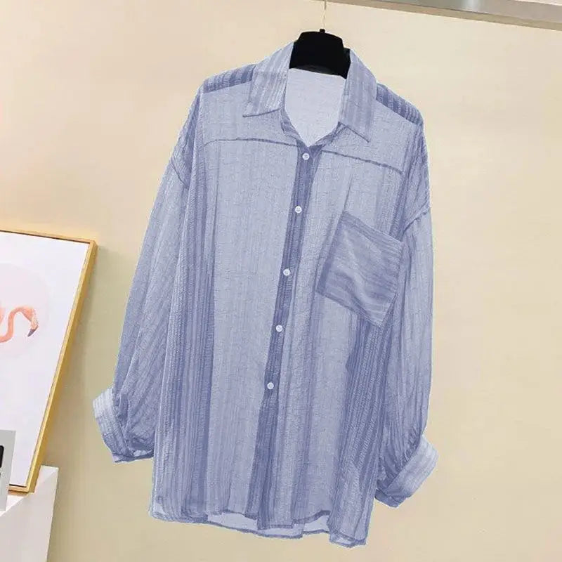 ☀️ Summer Sheer Chiffon Sunscreen Blouse 👒 – Elegant Loose See-Through Korean Cardigan for Women | بلوزة صيفية شيفون خفيفة وشفافة – كارديغان واسع أنيق لحماية الشمس بإطلالة كورية