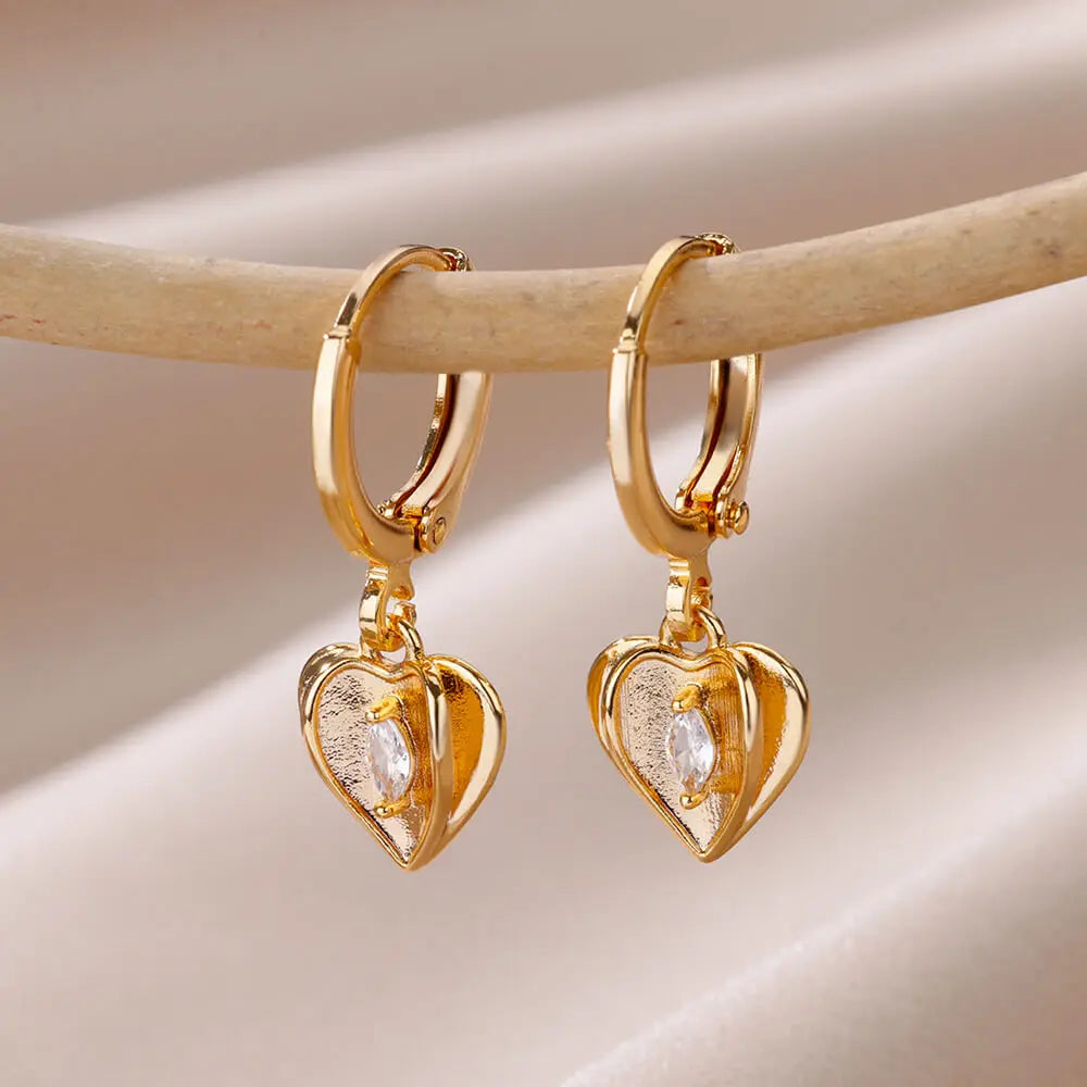 ✨ Luxury Zircon Heart & Moon Hoop Earrings – Imitation Pearl Stainless Steel Wedding Jewelry 🔷 أقراط دائرية فاخرة بزركون وقلب وهلال – تصميم أنيق مع لؤلؤ صناعي من الستانلس ستيل