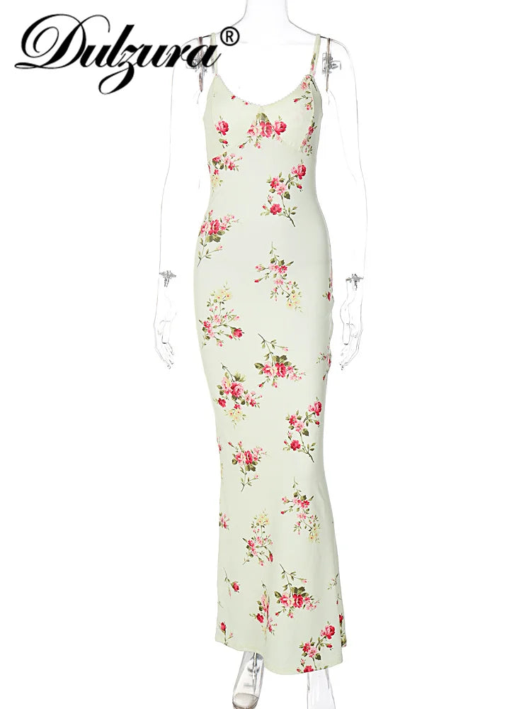 💃 Dulzura Sexy Y2K Floral Maxi Dress 👗 – Sleeveless, Backless Bodycon Dress for Women | فستان ماكسي نسائي بألوان زهرية – بدون أكمام ومكشوف الظهر بتصميم ضيق لأناقة السهرة