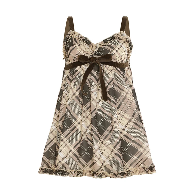 🎀 Sweet Plaid Bow Camisole Dress – Retro Homewear Chic | فستان نسائي منزلي ناعم بربطة فيونكة ونقشة كارو – تصميم كلاسيكي أنثوي مريح وأنيق
