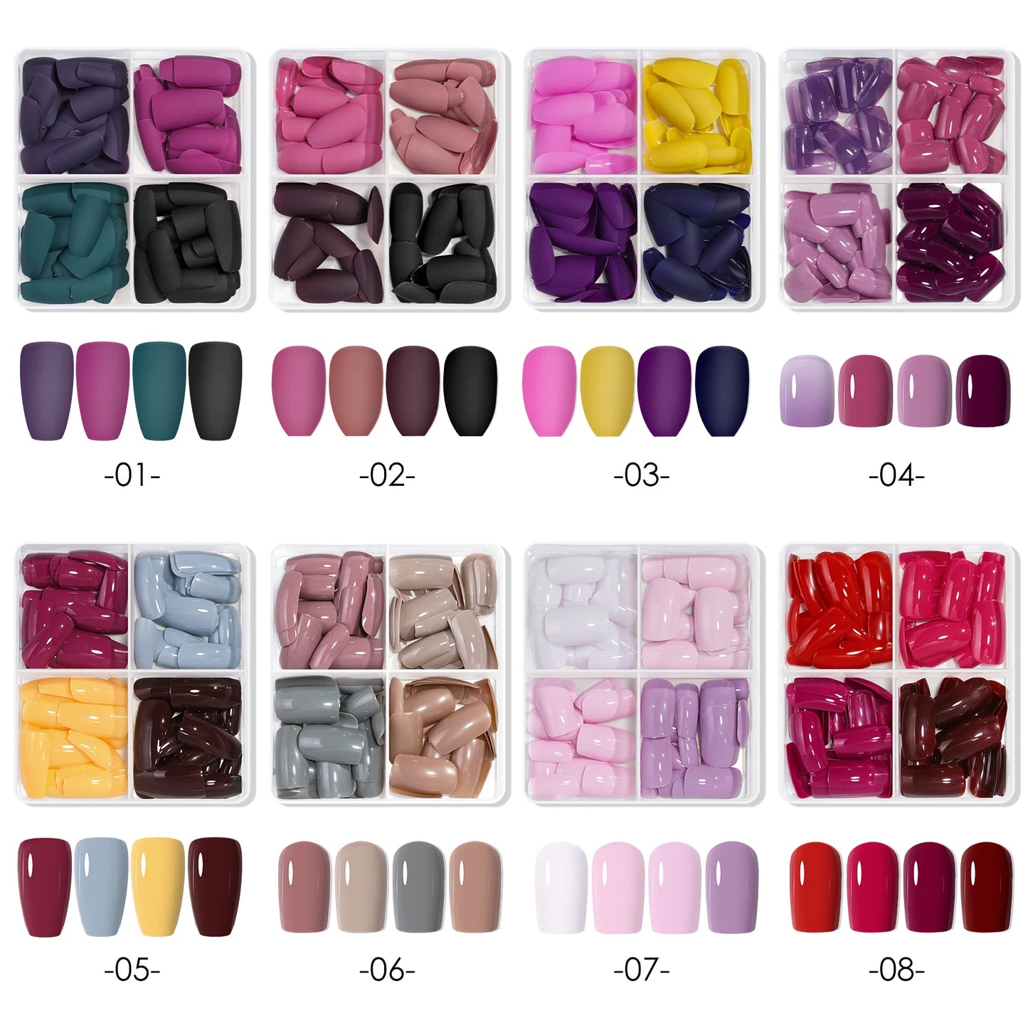VelvaMatte 4-Color Soft Matte Press-On Nails – Full Coverage Elegance at Your Fingertips | ڤيلفا مات – أظافر صناعية ناعمة بـ ٤ ألوان مطفية لإطلالة أنيقة متكاملة