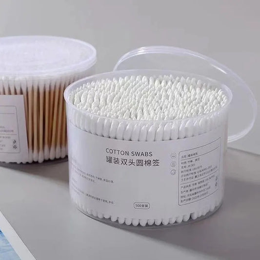 ✨ 500PCS Disposable Cotton Swabs – Double-Ended Round Head for Makeup & Cleaning 🔷 علبة أعواد قطنية 500 قطعة – برأسين مستديرين للاستخدامات اليومية والتجميل والتنظيف