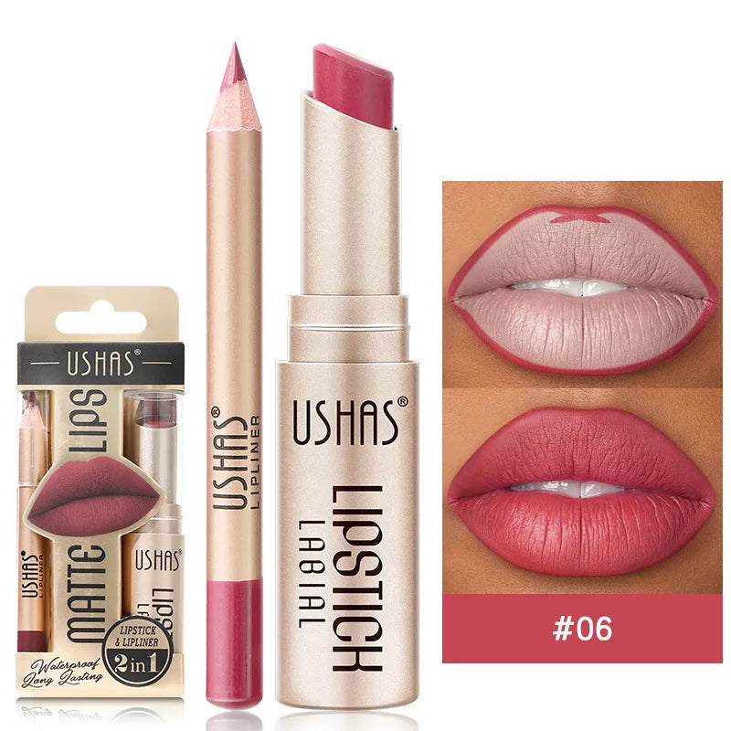 💄 USHAS 12-Color Matte Lipstick & Lip Liner Set – Long-Lasting Nude & Red Combo | طقم USHAS أحمر شفاه + قلم تحديد (12 لون) – مطفي وثابت – نود & أحمر