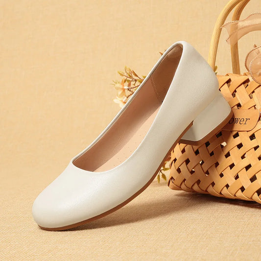 Women’s Soft Leather Square Heel Shoes – 3cm Comfortable Office Loafers for Spring & Fall 2025 | حذاء نسائي من الجلد الطري بكعب مربع 3 سم – أنيق ومريح للمكتب ومناسب للربيع والخريف