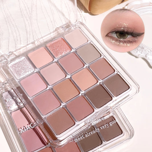 16-Color Sunset Magic Eyeshadow Palette – Korean Matte & Shimmer Earth Tones | باليت ظلال عيون كوري – 16 لون بلمسات مطفية ولمّاعة بألوان الغروب الترابية