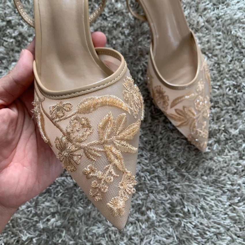 Women’s Embroidered Mesh Beaded High Heel Mules – Elegant Pointed Toe Slingback Fashion Sandals | صندل نسائي بكعب عالي مطرّز من الشيفون – أنيق مع خرز وخيط وتصميم مفتوح من الخلف بطرف مدبب