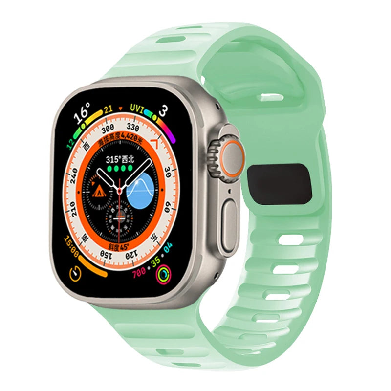 🏃‍♂️ Silicone Sport Strap for Apple Watch – Compatible with Series 9/8/7/6/5/4/3/SE/Ultra (38mm-49mm) | سوار رياضي سيليكون لساعة أبل – متوافق مع جميع المقاسات والسلاسل