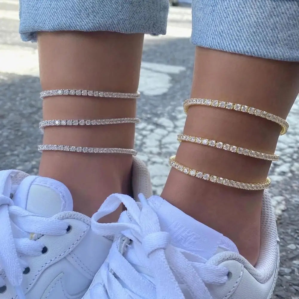 3mm CZ Tennis Chain Anklet – Iced Out Bling Foot Jewelry for Girls & Women | خلخال تنس مرصع بكريستالات CZ 3 ملم – إكسسوار ساق لامع لصيف 2025 للنساء والفتيات