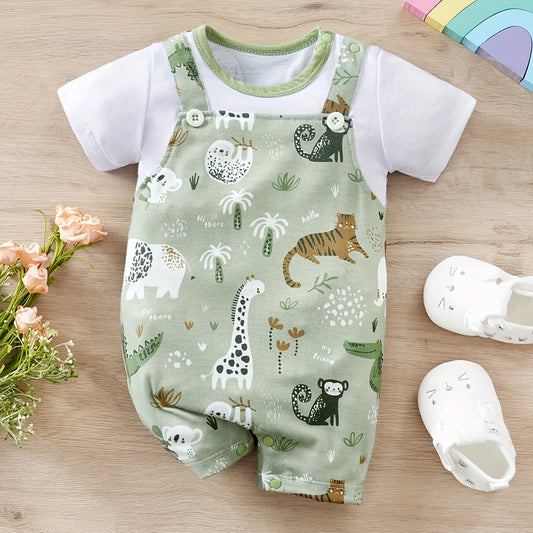 🦁 Infant Zoo Animal Print Romper – Faux 2-Piece Short Sleeve Baby Bodysuit | بادي سوت أطفال رضّع بطبعة حيوانات – قطعة واحدة بأكمام قصيرة بتصميم يشبه الطقم الثنائي