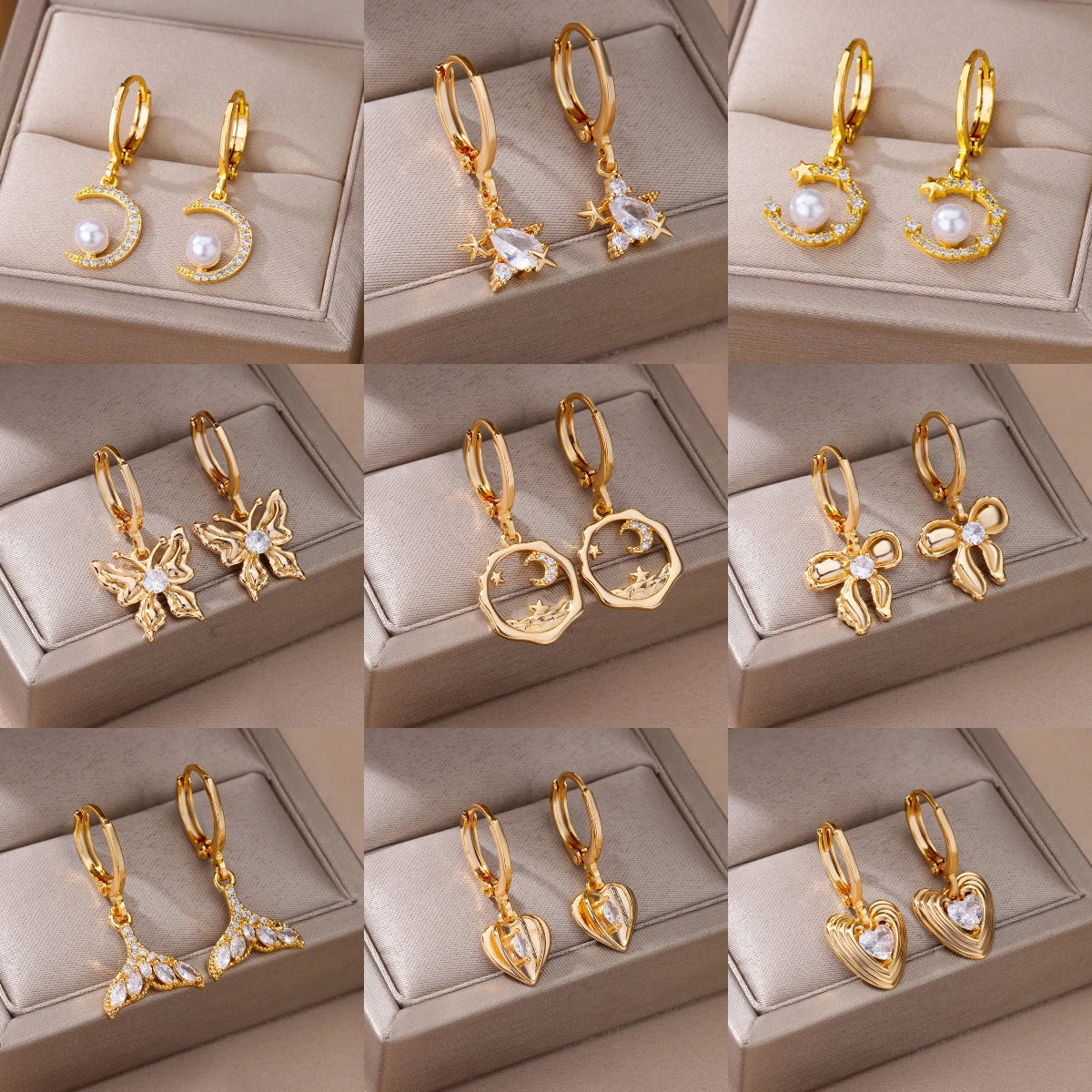 ✨ Luxury Zircon Heart & Moon Hoop Earrings – Imitation Pearl Stainless Steel Wedding Jewelry 🔷 أقراط دائرية فاخرة بزركون وقلب وهلال – تصميم أنيق مع لؤلؤ صناعي من الستانلس ستيل