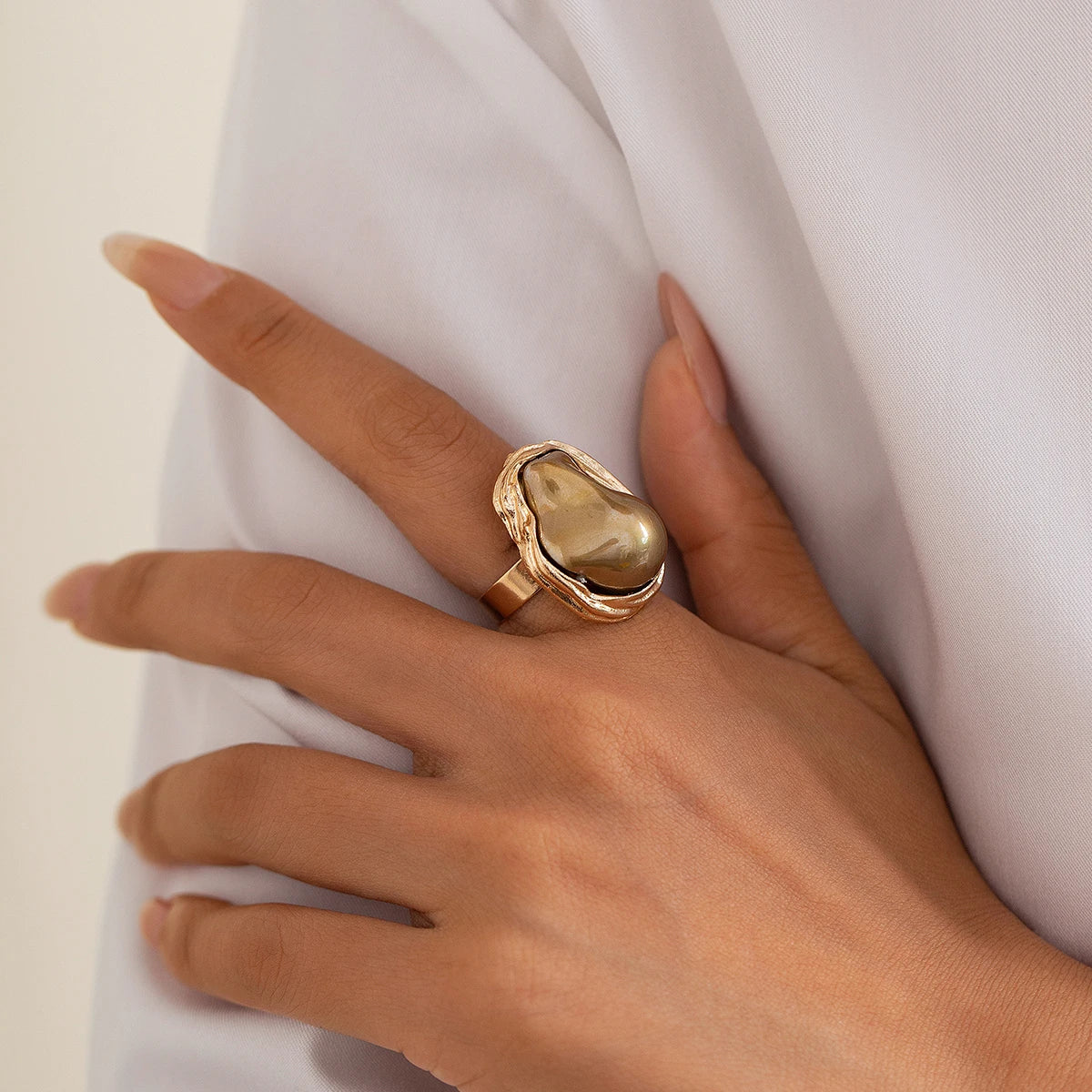 ✨ PuRui Semi-Baroque Pearl Adjustable Ring – Punk Aesthetic Wedding Jewelry 🔷 خاتم بيرل ستايل بانك بحبة لؤلؤ شبه باروكية – تصميم مفتوح قابل للتعديل للزفاف والمناسبات
