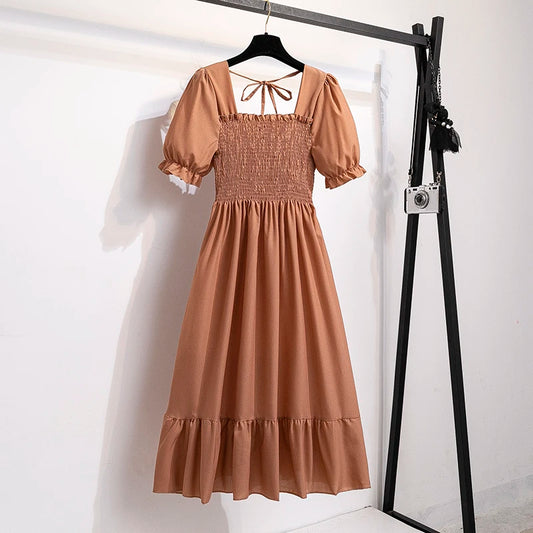 🌸 Spring/Summer Pleated Chiffon Dress for Women 👗 – Elastic Waist Casual Short Sleeve A-Line Dress | فستان شيفون نسائي مزموم – خصر مرن، أكمام قصيرة، وقصة A كلاسيكية لصيف وربيع مريح وأنيق