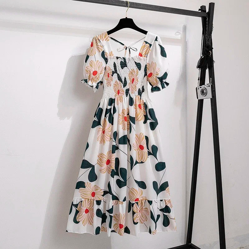 🌸 Spring/Summer Pleated Chiffon Dress for Women 👗 – Elastic Waist Casual Short Sleeve A-Line Dress | فستان شيفون نسائي مزموم – خصر مرن، أكمام قصيرة، وقصة A كلاسيكية لصيف وربيع مريح وأنيق