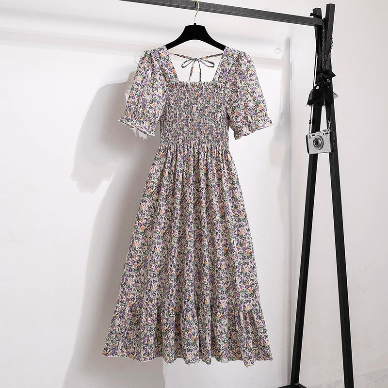 🌸 Spring/Summer Pleated Chiffon Dress for Women 👗 – Elastic Waist Casual Short Sleeve A-Line Dress | فستان شيفون نسائي مزموم – خصر مرن، أكمام قصيرة، وقصة A كلاسيكية لصيف وربيع مريح وأنيق