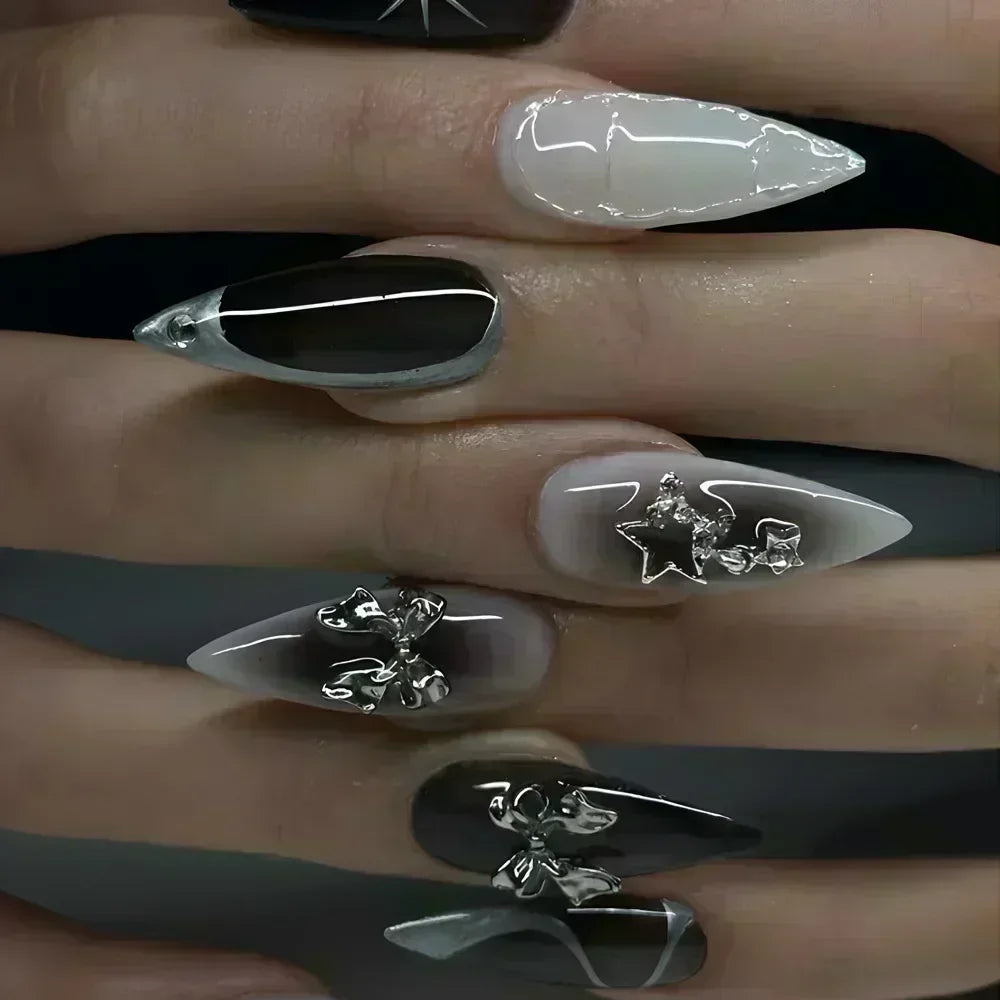 24 قطعة أظافر صناعية بشكل لوزي مع لاصق وديكور فضي – 24Pcs Almond Shape Fake Nails with Glue & Silver Bow Design