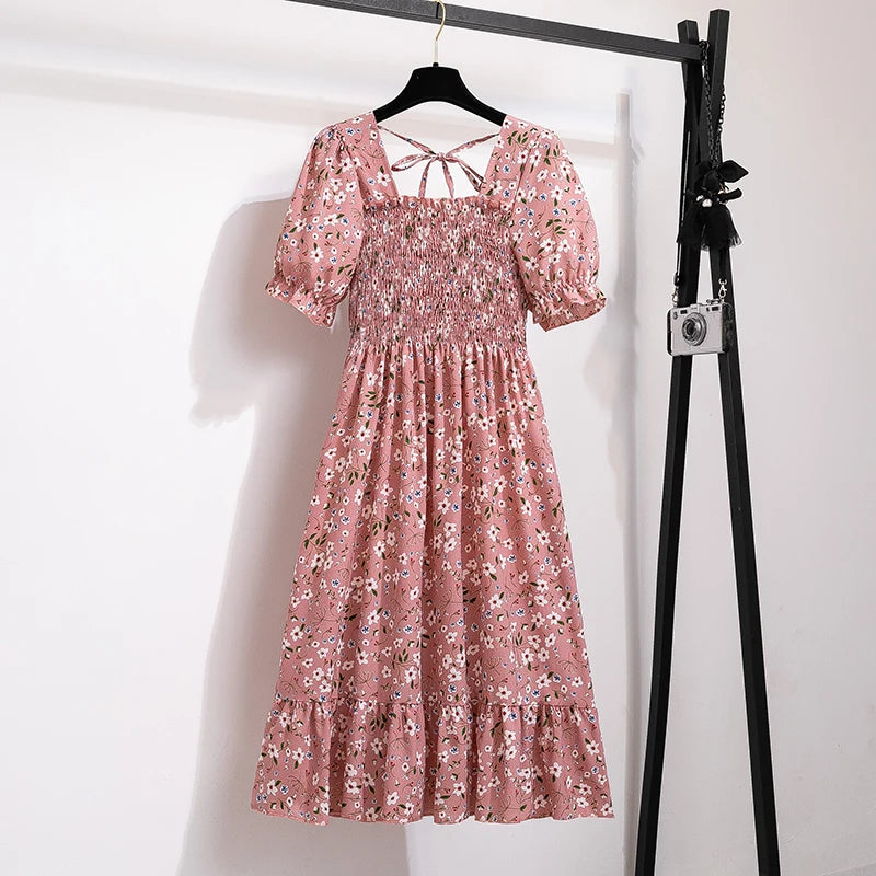 🌸 Spring/Summer Pleated Chiffon Dress for Women 👗 – Elastic Waist Casual Short Sleeve A-Line Dress | فستان شيفون نسائي مزموم – خصر مرن، أكمام قصيرة، وقصة A كلاسيكية لصيف وربيع مريح وأنيق