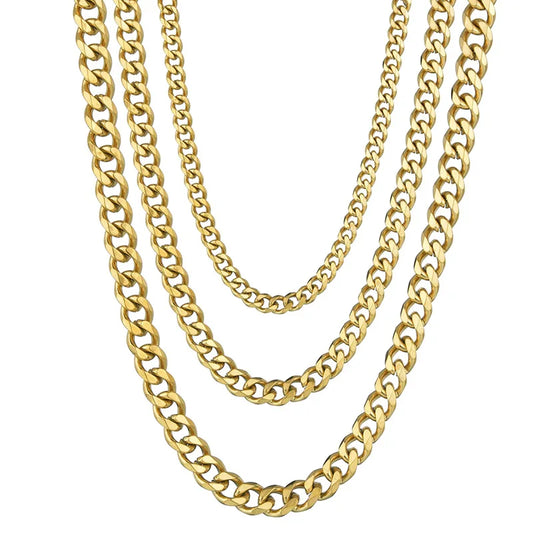 ✨ Stainless Steel Cuban Chain Necklace – 3.5MM/5MM/7MM Gold & Black Punk Style 🔷 سلسلة كوبن ستانلس ستيل للرجال والنساء – ألوان ذهبي وأسود بثلاث سماكات عصرية