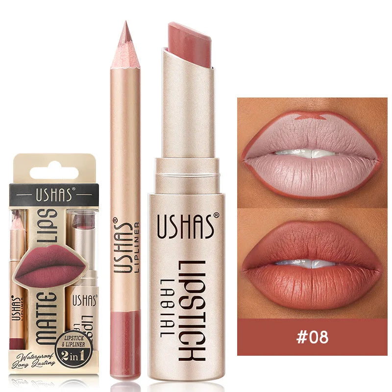 💄 USHAS 12-Color Matte Lipstick & Lip Liner Set – Long-Lasting Nude & Red Combo | طقم USHAS أحمر شفاه + قلم تحديد (12 لون) – مطفي وثابت – نود & أحمر