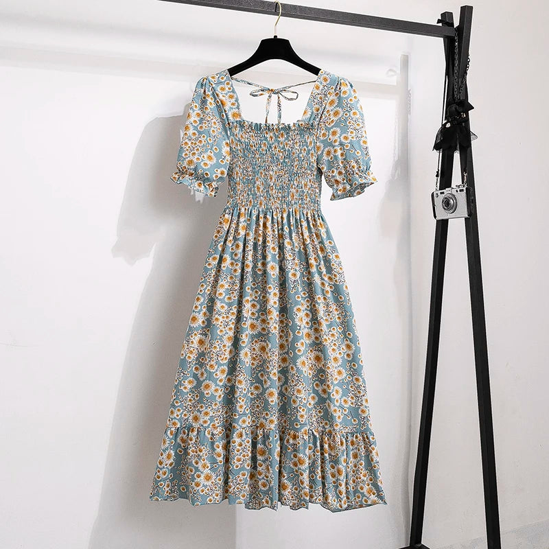 🌸 Spring/Summer Pleated Chiffon Dress for Women 👗 – Elastic Waist Casual Short Sleeve A-Line Dress | فستان شيفون نسائي مزموم – خصر مرن، أكمام قصيرة، وقصة A كلاسيكية لصيف وربيع مريح وأنيق
